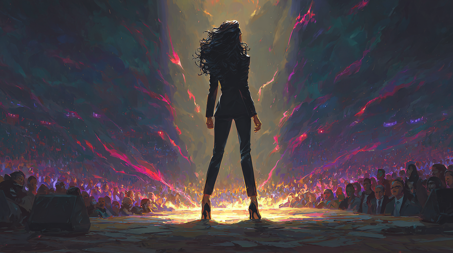 Cinematic illustration of a keynote speaker standing on stage facing a live audience, representing stage presence transformed into lead capture and automated growth systems.