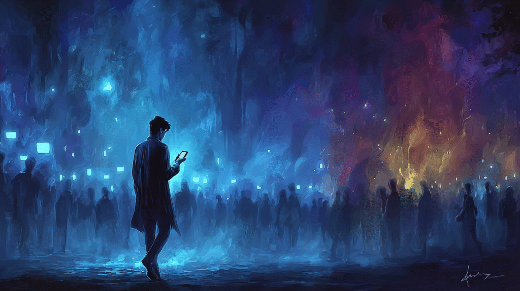 Conference attendee under night sky checking phone after event representing keynote follow up timing