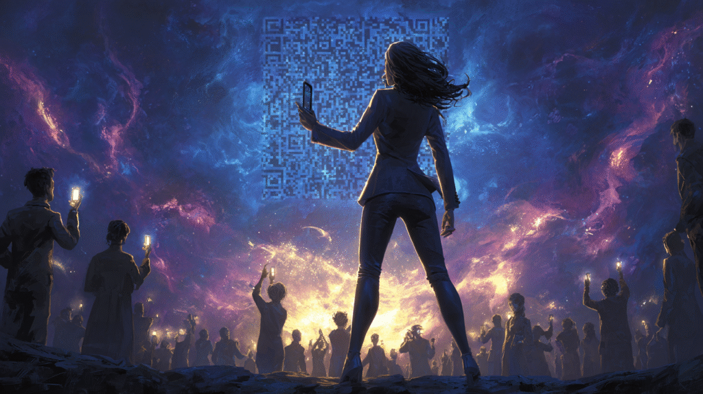 Keynote speaker presenting QR code on stage while audience scans with phones for instant lead capture