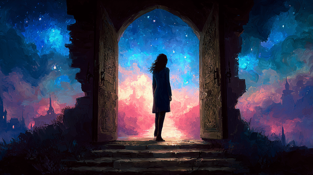 Speaker standing at doorway threshold looking toward illuminated path representing lead generation system and journey