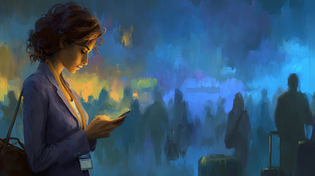 Business professional managing email overload after conference travel